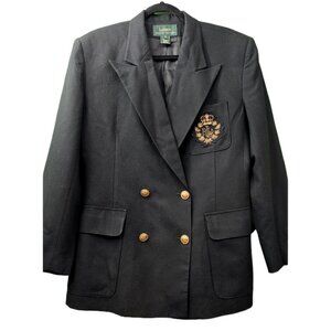 Vtg RALPH LAUREN Blazer Jacket Worsted Wool 3-D Gold Rl Crest & Crown Size 14W